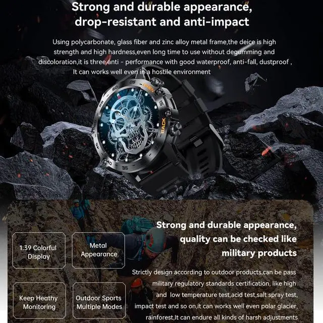 Alt view image 4 of 6 - K52 Smart Watch for Men, Outdoor Bluetooth Sports Watches, 1.39in HD Fitness Sleep Monitor for Android iOS, with Pedometer Sport Mode