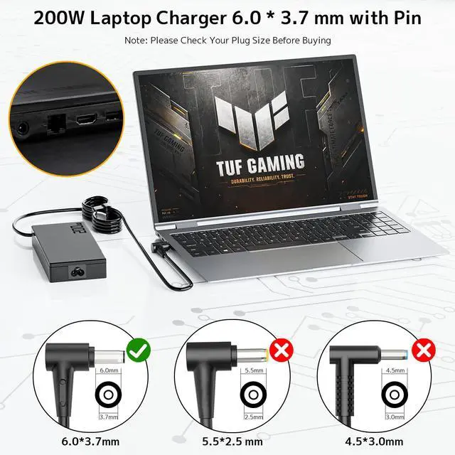 Alt view image 2 of 7 - 200W Laptop Charger for Asus ROG Zephyrus Strix TUF Gaming AC Adapter | Compatible with Asus TUF F17 A17, Dash FX516 FX517, Strix G17 G513 G713, ADP-200JB D, 20V 10A 6.0*3.7mm Power Supply Cord