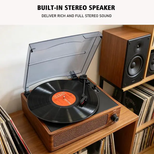 Alt view image 3 of 7 - Vintage Vinyl Record Player Built-in Stereo Speakers and 3-Speed Belt-Drive for Vinyl Records,Vinyl LP Player with Enhanced Sound, Aux-in & RCA