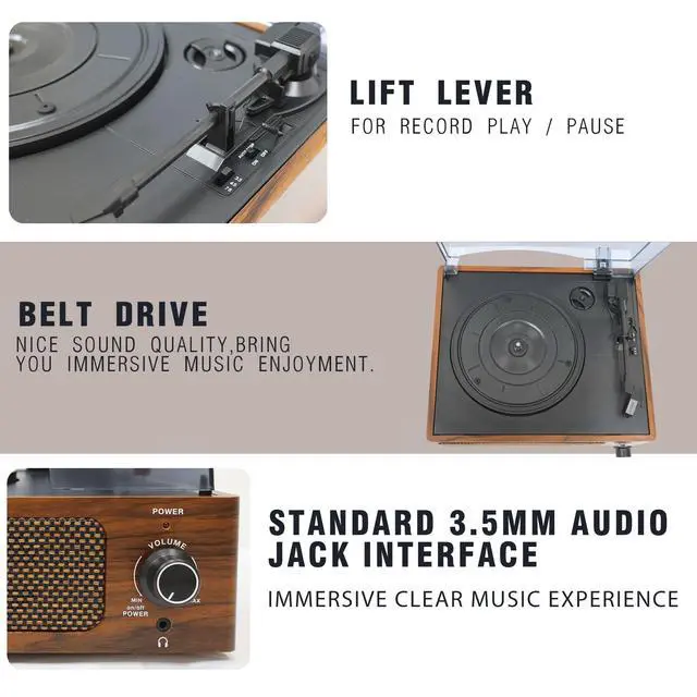 Alt view image 6 of 7 - Vintage Vinyl Record Player Built-in Stereo Speakers and 3-Speed Belt-Drive for Vinyl Records,Vinyl LP Player with Enhanced Sound, Aux-in & RCA