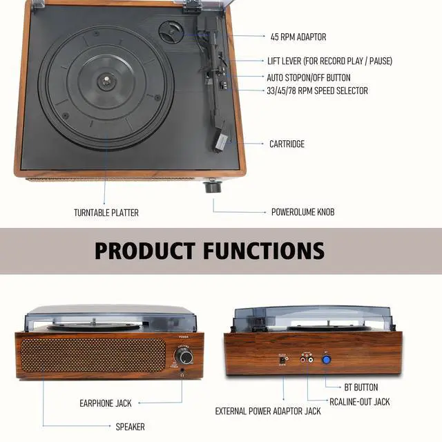 Alt view image 7 of 7 - Vintage Vinyl Record Player Built-in Stereo Speakers and 3-Speed Belt-Drive for Vinyl Records,Vinyl LP Player with Enhanced Sound, Aux-in & RCA
