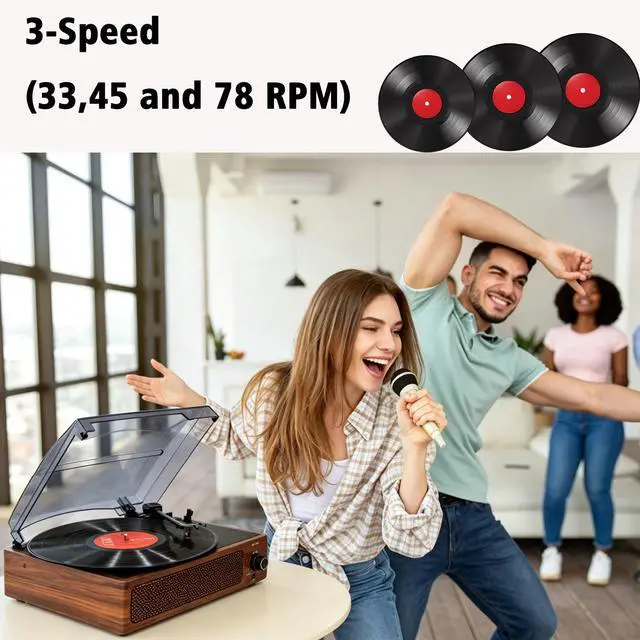 Alt view image 5 of 7 - Vintage Vinyl Record Player Built-in Stereo Speakers and 3-Speed Belt-Drive for Vinyl Records,Vinyl LP Player with Enhanced Sound, Aux-in & RCA