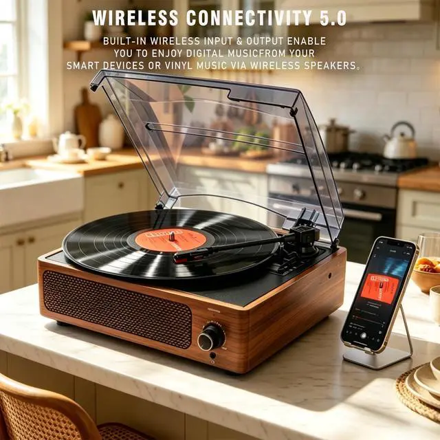 Alt view image 4 of 7 - Vintage Vinyl Record Player Built-in Stereo Speakers and 3-Speed Belt-Drive for Vinyl Records,Vinyl LP Player with Enhanced Sound, Aux-in & RCA