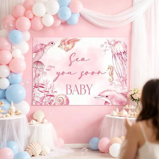 Alt view image 5 of 7 - Sea You Soon Baby Shower Decorations Ocean Baby Shower Backdrop Banner Sign | 5x3ft Sea You Soon Backdrop Sign Ocean Under The Sea Baby Shower Decorations Summer Welcome Newborn Baby Party Supplies