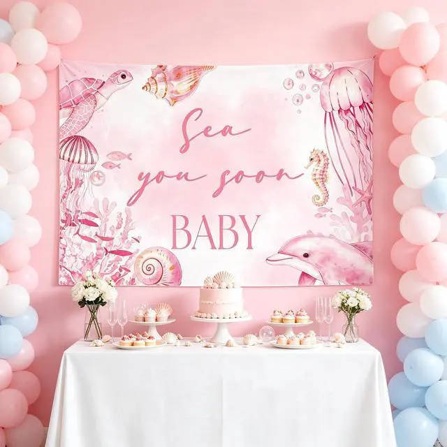 Alt view image 3 of 7 - Sea You Soon Baby Shower Decorations Ocean Baby Shower Backdrop Banner Sign | 5x3ft Sea You Soon Backdrop Sign Ocean Under The Sea Baby Shower Decorations Summer Welcome Newborn Baby Party Supplies