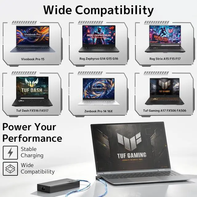 Alt view image 4 of 7 - 200W Laptop Charger for Asus ROG Zephyrus Strix TUF Gaming AC Adapter | Compatible with Asus TUF F17 A17, Dash FX516 FX517, Strix G17 G513 G713, ADP-200JB D, 20V 10A 6.0*3.7mm Power Supply Cord