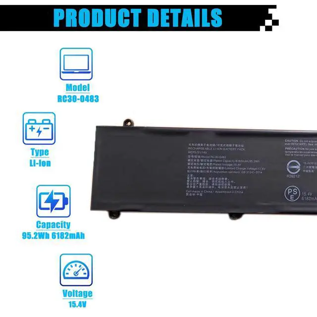 Alt view image 2 of 7 - RC30-0483 Laptop Battery Replacement for Razer Blade 16" (2023) RZ09-0483x Blade 16" (2024) RZ09-0510x RZ09-0510SEN3-R3E1 RZ09-0510SWN3-R3W1 Series RZ09-0483 RZ09-0510 4ICP5/51/149 95.2Wh 6182mAh