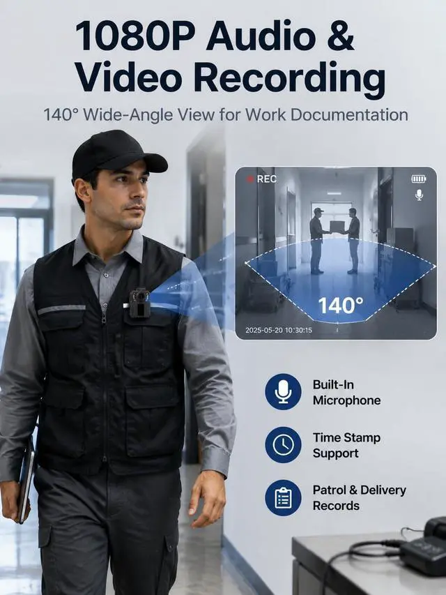 Alt view image 5 of 7 - 10 Hours Body Cameras with Audio and Video Recording, Real 1080P Body Cam for Security Guards, 2-Inch Screen Bodycam with Clear IR Night Vision, USB-C, 360° Clip