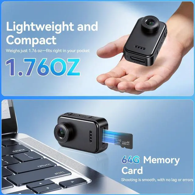 Alt view image 3 of 4 - 4K Mini Body Camera,Thumb Camera,Mini Body Sports Action Camera with 64GB Storage, Hands Free POV Magnetic Wearable Cam, Thumb Size Mount Anywhere for Cycling Hiking Running Vlogging Pet Walking