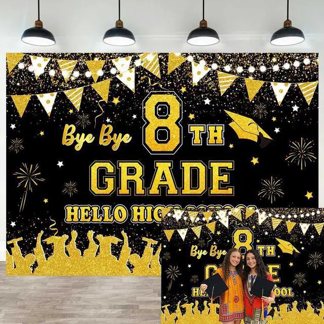 Main image of Black Gold Bye Bye 8th Grade Hello High School Backdrop 8x6ft | 8TH Grade Graduation Party Decorations Class of 2026 Photo Booth Props