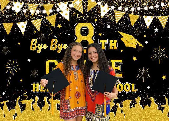 Alt view image 3 of 5 - Black Gold Bye Bye 8th Grade Hello High School Backdrop 8x6ft | 8TH Grade Graduation Party Decorations Class of 2026 Photo Booth Props