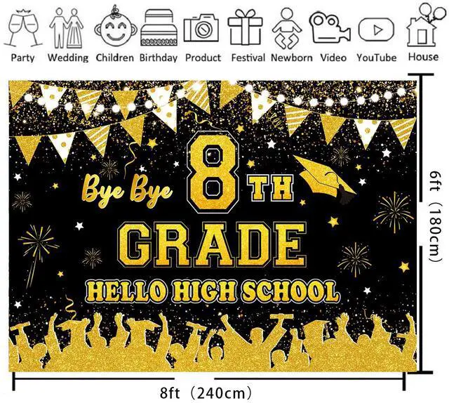 Alt view image 2 of 5 - Black Gold Bye Bye 8th Grade Hello High School Backdrop 8x6ft | 8TH Grade Graduation Party Decorations Class of 2026 Photo Booth Props