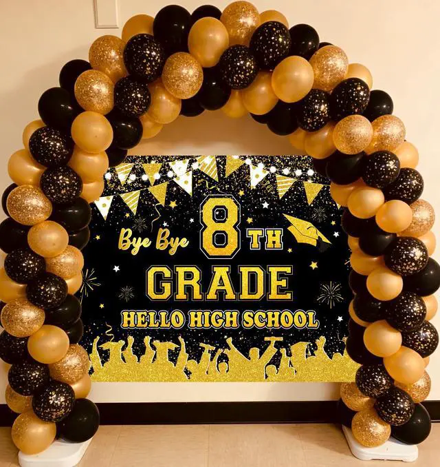 Alt view image 4 of 5 - Black Gold Bye Bye 8th Grade Hello High School Backdrop 8x6ft | 8TH Grade Graduation Party Decorations Class of 2026 Photo Booth Props