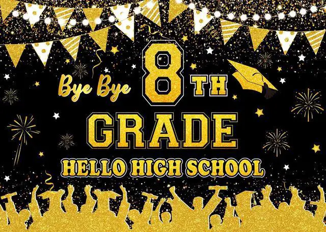 Alt view image 5 of 5 - Black Gold Bye Bye 8th Grade Hello High School Backdrop 8x6ft | 8TH Grade Graduation Party Decorations Class of 2026 Photo Booth Props