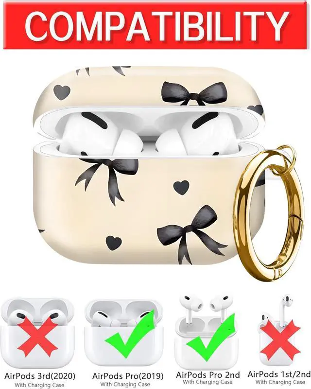 Alt view image 3 of 6 - Compatible with AirPod Pro Case 2nd/1st Gen (2023/2022/2019),Shockproof Protective Cover with Keychain for Women,Cute Charging Case for Airpod Pro 2/1(Black Bows Love)