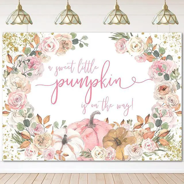 Main image of Pumpkin Baby Shower Backdrop Pink Fall Baby Shower Decorations | Little Pumpkin is on The Way Banner, Pumpkin Baby Shower Banner, Photo Booth Props, Pumpkin Baby Shower Party Supplies,7x5ft