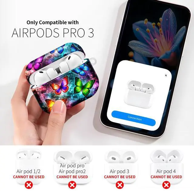 Alt view image 2 of 7 - Compatible with AirPod Pro 3rd Gen(2025) Case,Protective Case for AirPod Pro 3rd Gen, Shockproof with Carabiner, Wireless Charging Compatible for Women Men(Colorful Butterflies)