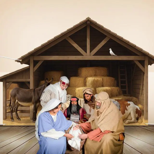 Alt view image 4 of 6 - 9.8 x 6.5 ft Christmas Nativity Backdrop Decorations | Nativity Stable Scene Garage Door Banner Farm Barn Manger Straw Bales Haystack Wall Decor for Holiday Party Decor