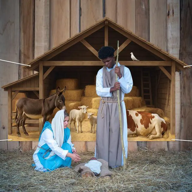 Alt view image 6 of 6 - 9.8 x 6.5 ft Christmas Nativity Backdrop Decorations | Nativity Stable Scene Garage Door Banner Farm Barn Manger Straw Bales Haystack Wall Decor for Holiday Party Decor