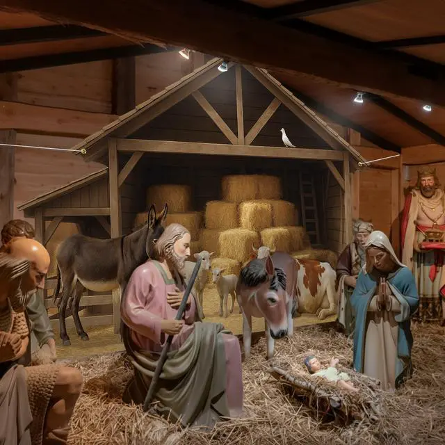 Alt view image 5 of 6 - 9.8 x 6.5 ft Christmas Nativity Backdrop Decorations | Nativity Stable Scene Garage Door Banner Farm Barn Manger Straw Bales Haystack Wall Decor for Holiday Party Decor
