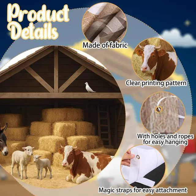 Alt view image 3 of 6 - 9.8 x 6.5 ft Christmas Nativity Backdrop Decorations | Nativity Stable Scene Garage Door Banner Farm Barn Manger Straw Bales Haystack Wall Decor for Holiday Party Decor
