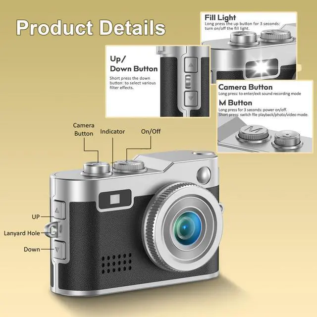 Alt view image 5 of 7 - Mini Keychain Camera - 1080P FHD Retro Digital Camera - Tiny Portable Vintage Cameras Small Camara - Compact Pocket Video Recorder with 16GB Card, OTG Adapter for Travel, Daily Fun, Study Recording