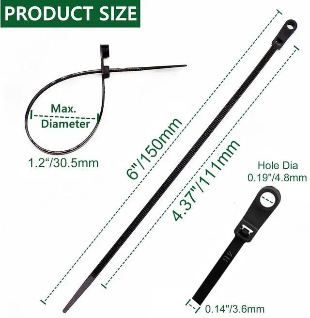Alt view image 2 of 6 - 400pcs Zip Tie with Screw Hole, 6 inch Automotive Wire Self Locking Black Zip Ties Screw Zip Tie Mount (6")