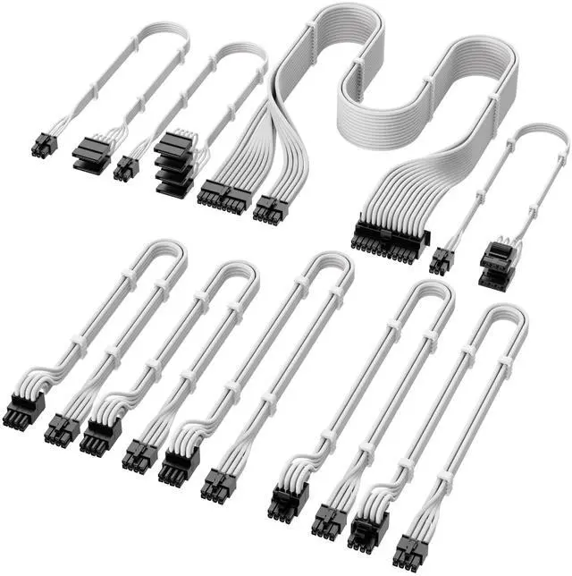 Main image of X-Enlazar PSU Cable Kit for Thermaltake Power Supplies - 90-Degree Connectors, Individually Sleeved with Braiding & Combs, 16AWG Wire, 9-Piece Kit, Type-B PCIe GPU Connectors - White