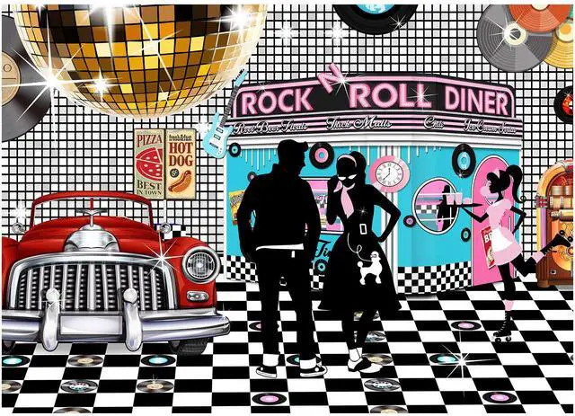Main image of 50s Diner Backdrop 1950s Rock and Roll Background 7x5 ft | Large Banner; Sock Hop Birthday Decoration; Dessert Table & Photo Booth Prop Decor, Non-washable