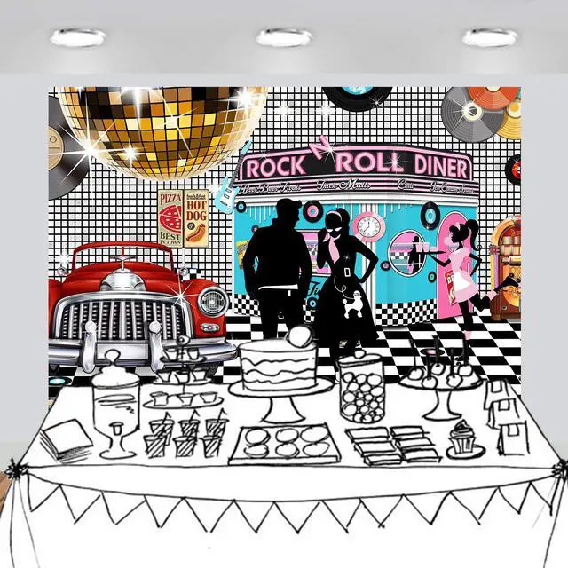 Alt view image 5 of 7 - 50s Diner Backdrop 1950s Rock and Roll Background 7x5 ft | Large Banner; Sock Hop Birthday Decoration; Dessert Table & Photo Booth Prop Decor, Non-washable