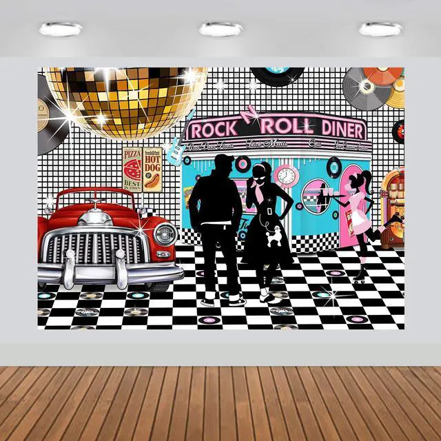Alt view image 3 of 7 - 50s Diner Backdrop 1950s Rock and Roll Background 7x5 ft | Large Banner; Sock Hop Birthday Decoration; Dessert Table & Photo Booth Prop Decor, Non-washable