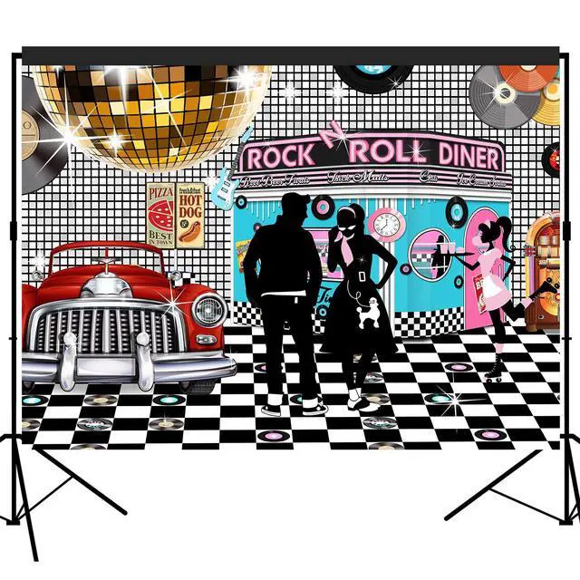 Alt view image 4 of 7 - 50s Diner Backdrop 1950s Rock and Roll Background 7x5 ft | Large Banner; Sock Hop Birthday Decoration; Dessert Table & Photo Booth Prop Decor, Non-washable