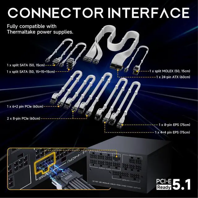 Alt view image 2 of 6 - X-Enlazar PSU Cable Kit for Thermaltake Power Supplies - 90-Degree Connectors, Individually Sleeved with Braiding & Combs, 16AWG Wire, 9-Piece Kit, Type-B PCIe GPU Connectors - White