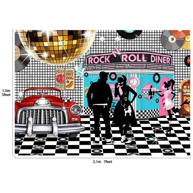 Alt view image 2 of 7 - 50s Diner Backdrop 1950s Rock and Roll Background 7x5 ft | Large Banner; Sock Hop Birthday Decoration; Dessert Table & Photo Booth Prop Decor, Non-washable