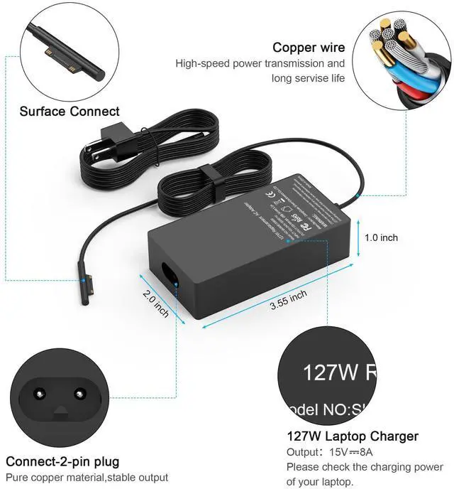 Alt view image 2 of 6 - 127W 15V 8A Laptop Charger for MicrosoftCompatible with Surface Pro X 9 8 7 6 5 4 3, Surface Book 3 2 1, Surface Laptop 5 4 3 2 1 and Surface Go 3 2 1 Power Cord AC Adapter Supply