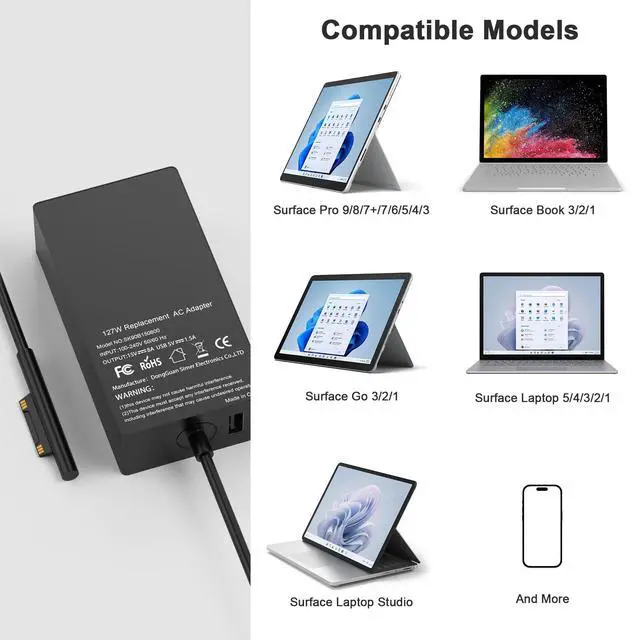 Alt view image 6 of 6 - 127W 15V 8A Laptop Charger for MicrosoftCompatible with Surface Pro X 9 8 7 6 5 4 3, Surface Book 3 2 1, Surface Laptop 5 4 3 2 1 and Surface Go 3 2 1 Power Cord AC Adapter Supply