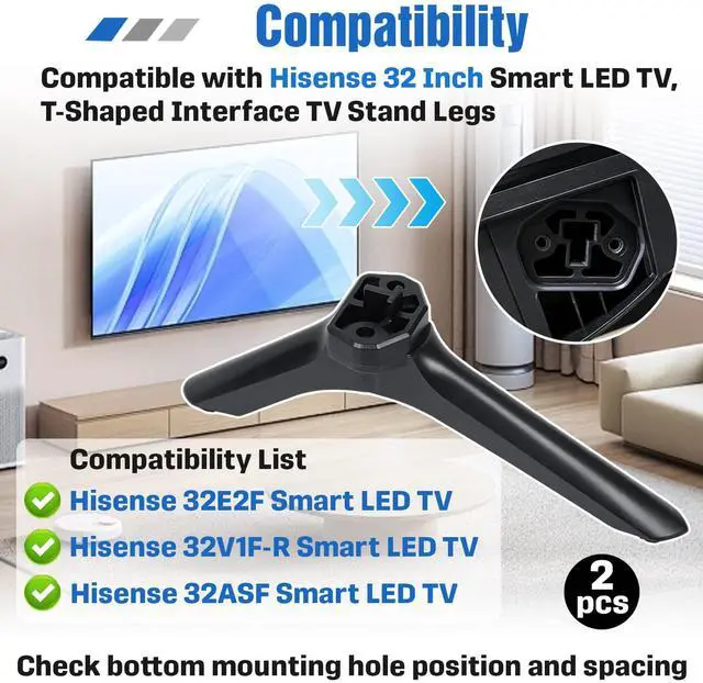 Alt view image 6 of 7 - 2 Pcs Replacement Base Compatible with Hisense 32 Inch Smart LED TV | Compatible with Hisense 32E2F 32V1F-R 32ASF,T-Shaped Interface TV Stand Legs,Tabletop Mounting Feet,Includes Mounting Screws