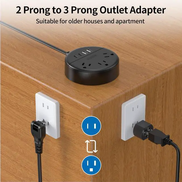 Alt view image 5 of 6 - 2 Prong Power Strip with 10ft Extension Cord, 1875W/15A, 180° Rotating Plug, 2 Prong to 3 Prong Outlet Adapter, Wall Mountable, 3 AC Outlets & 2 USB A & 2 USB C, Ideal for Older House Office