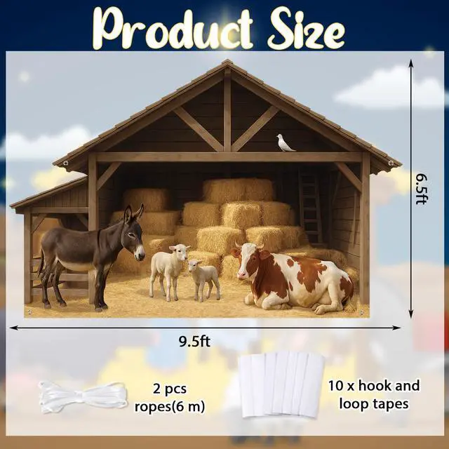 Alt view image 2 of 6 - 9.8 x 6.5 ft Christmas Nativity Backdrop Decorations | Nativity Stable Scene Garage Door Banner Farm Barn Manger Straw Bales Haystack Wall Decor for Holiday Party Decor