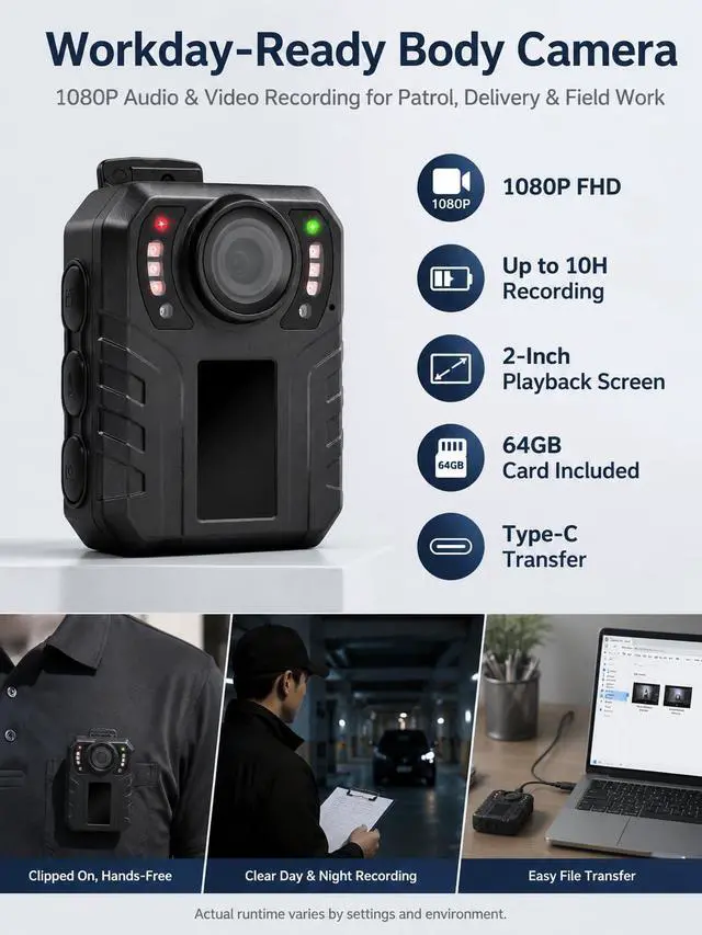 Alt view image 2 of 7 - 10 Hours Body Cameras with Audio and Video Recording, Real 1080P Body Cam for Security Guards, 2-Inch Screen Bodycam with Clear IR Night Vision, USB-C, 360° Clip
