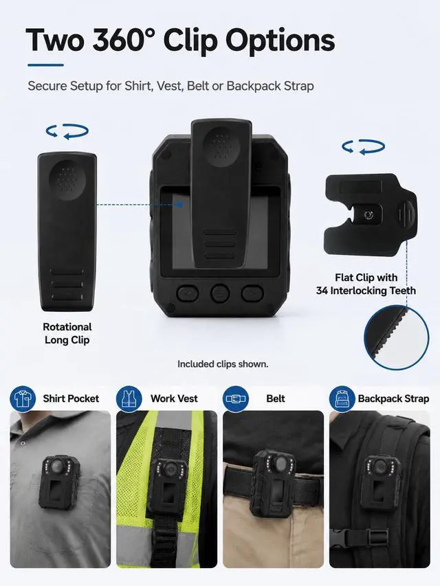 Alt view image 4 of 7 - 10 Hours Body Cameras with Audio and Video Recording, Real 1080P Body Cam for Security Guards, 2-Inch Screen Bodycam with Clear IR Night Vision, USB-C, 360° Clip