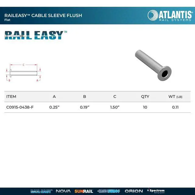 Alt view image 3 of 5 - Atlantis RailEasy C0915-0438-F Flush Cable Sleeve (5/32") - 316L Marine Grade Stainless Steel - Designed for Composite & Vinyl Post Sleeves (10-Pack)