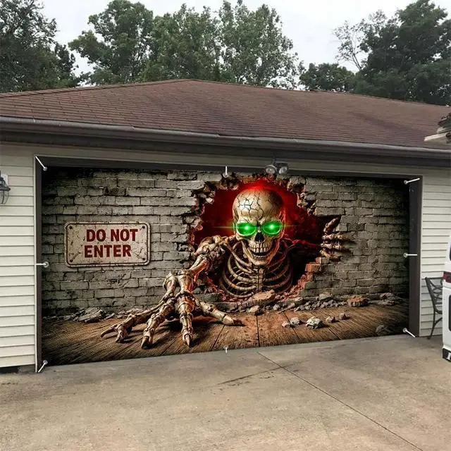 Alt view image 4 of 6 - Halloween Garage Door Decorations, 16 x 7FT Large Hanging Banner Door Cover Spooky Party Photography Backdrop