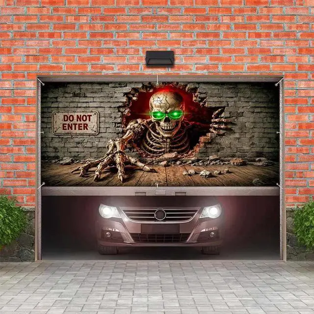 Alt view image 5 of 6 - Halloween Garage Door Decorations, 16 x 7FT Large Hanging Banner Door Cover Spooky Party Photography Backdrop