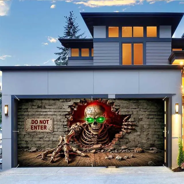 Alt view image 6 of 6 - Halloween Garage Door Decorations, 16 x 7FT Large Hanging Banner Door Cover Spooky Party Photography Backdrop