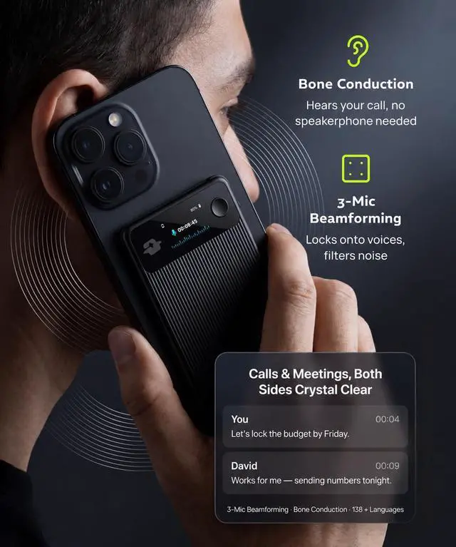Alt view image 2 of 6 - 2.0 AI Voice Recorder with Transcription, AI Summary, 3 Modes, Speaker ID, Noise Reduction, 138 Languages, App Control, for Sudden Inspiration, Meetings, Calls, Lectures & More, Lite