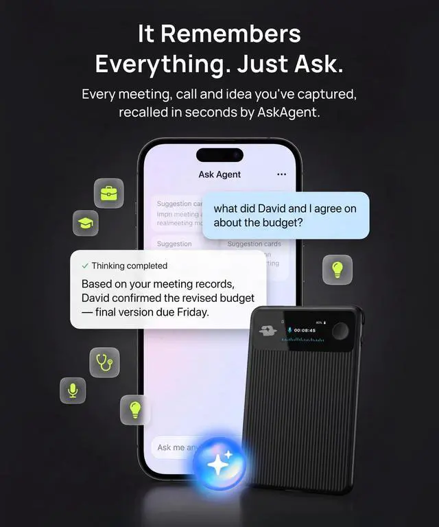 Alt view image 4 of 6 - 2.0 AI Voice Recorder with Transcription, AI Summary, 3 Modes, Speaker ID, Noise Reduction, 138 Languages, App Control, for Sudden Inspiration, Meetings, Calls, Lectures & More, Lite