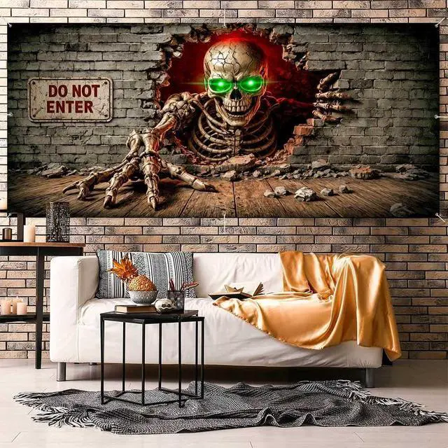 Alt view image 3 of 6 - Halloween Garage Door Decorations, 16 x 7FT Large Hanging Banner Door Cover Spooky Party Photography Backdrop