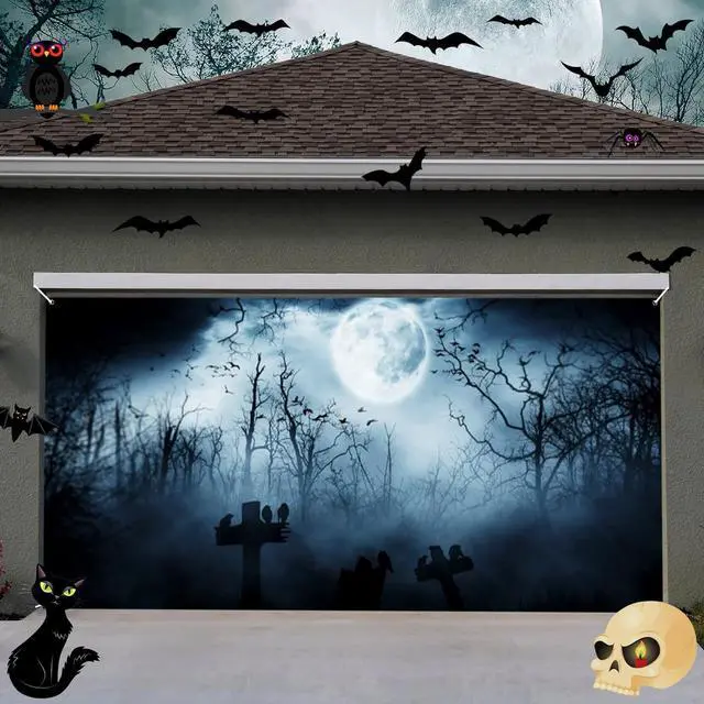 Alt view image 2 of 7 - Halloween Garage Door Decorations Banner Cover Skeleton Graveyard Wooden Spooky Night Garage Wall Decorations for Outdoor Holiday Party Indoor Outdoor Decor Banner Cover 13x6ft