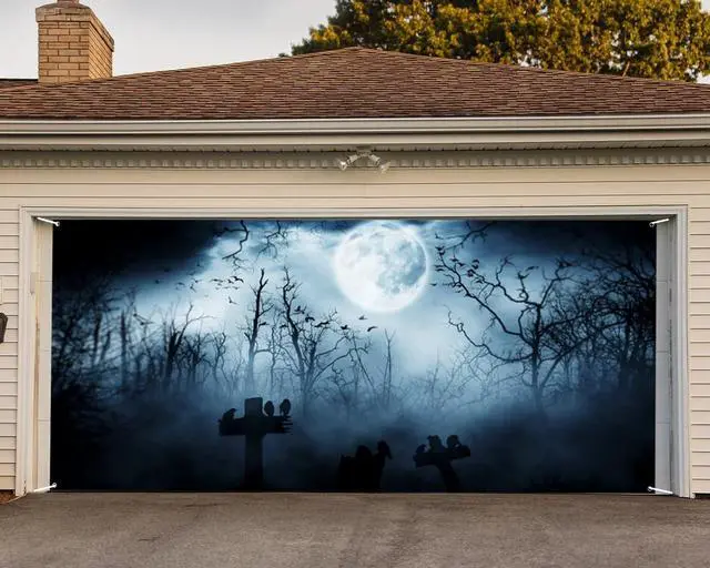 Alt view image 5 of 7 - Halloween Garage Door Decorations Banner Cover Skeleton Graveyard Wooden Spooky Night Garage Wall Decorations for Outdoor Holiday Party Indoor Outdoor Decor Banner Cover 13x6ft